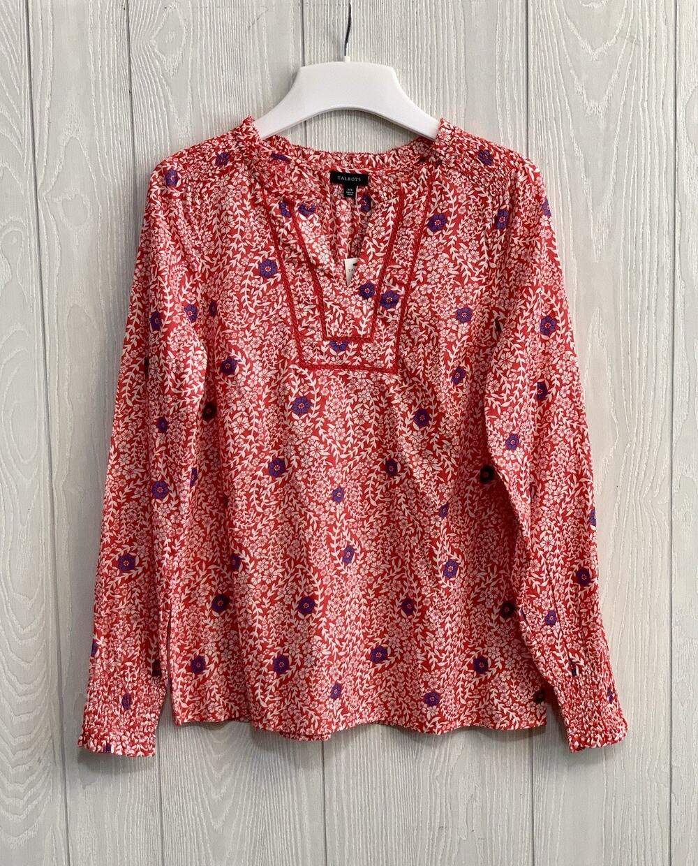Talbots Red Blue Floral Long Sleeve Top XS NWT